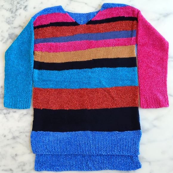 NWOT. Hand-knit Bright Multicolor Stripes High Low V-Neck 3/4 Sleeve Sweater. - Picture 3 of 4
